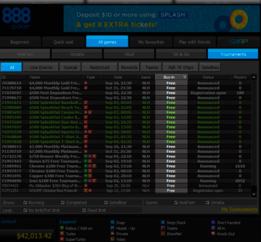 Бесплатные МТТ в клиенте 888 Poker