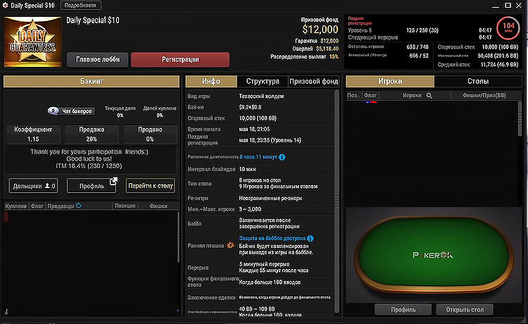 Пример хорошего турнира без нокаутов с невысоким AFS на PokerOK